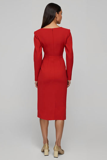 Red Sheath Long Sleeve Work Dress With Slit